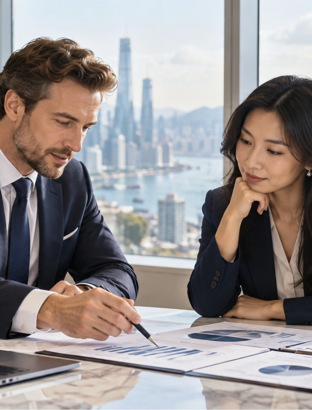 Two business professionals reviewing financial charts in a high-rise office overlooking a city skyline