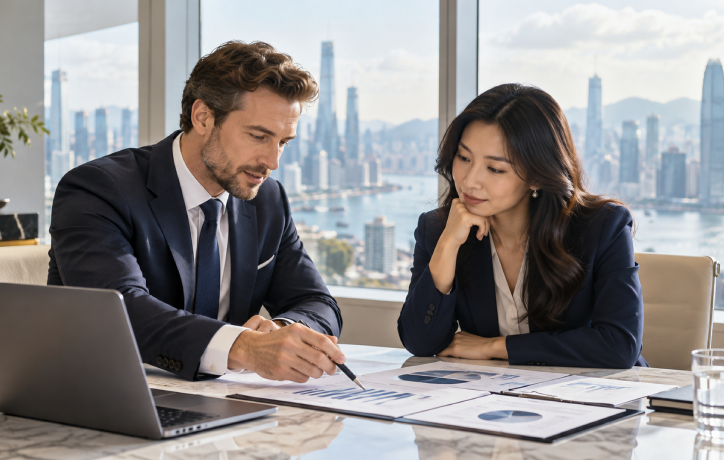 Two business professionals reviewing M&A documents at a high-rise office desk with city skyline view