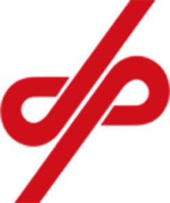 DP Group logo in red with stylized curved lines forming a monogram design