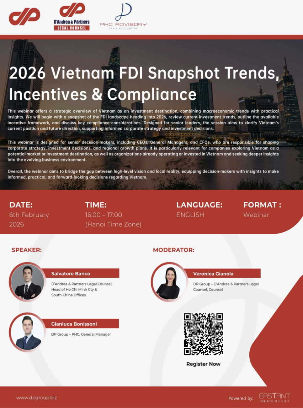 Event invitation for 2026 Vietnam FDI Snapshot Trends webinar on February 6, featuring speakers from D'Andrea & Partners and PHC Advisory