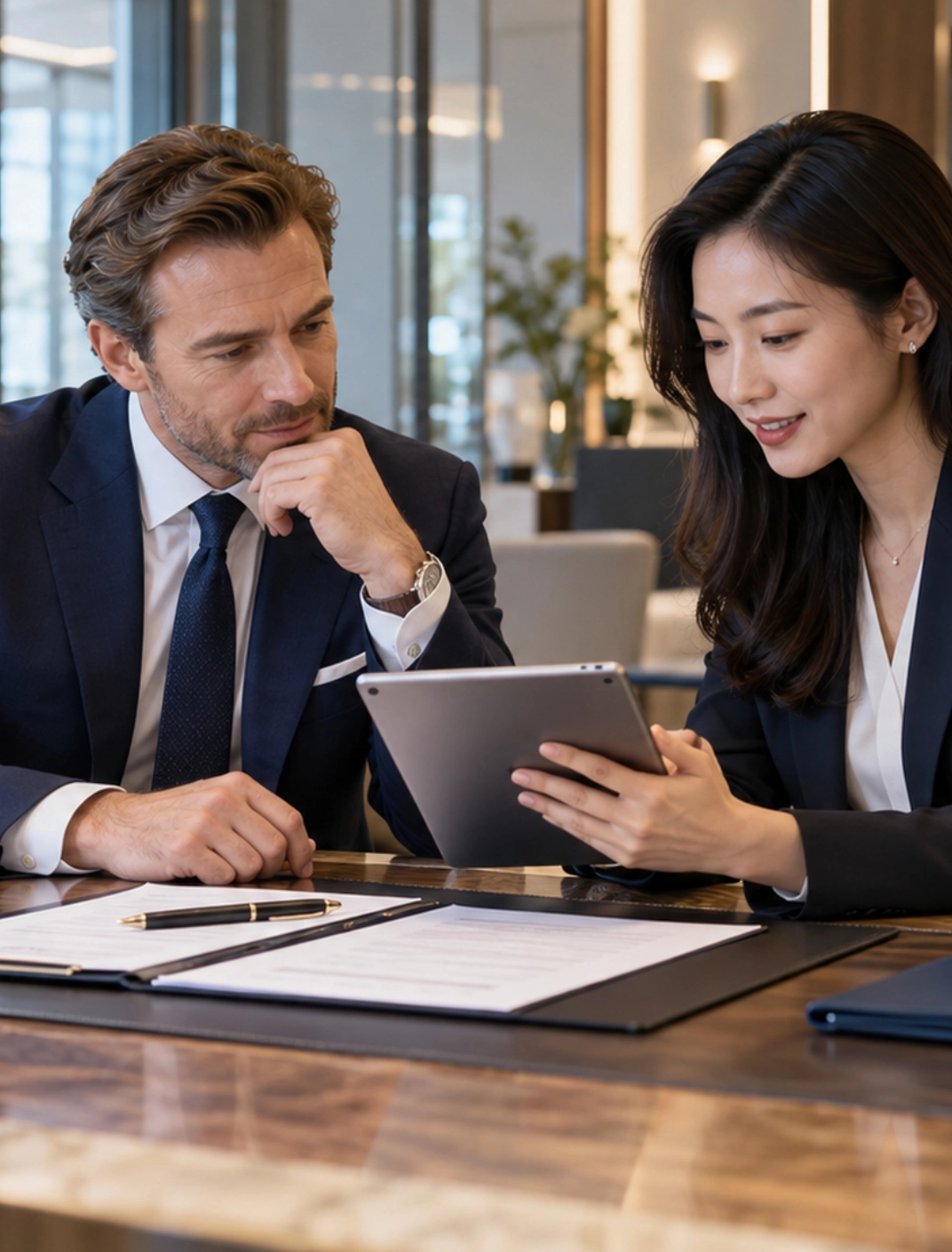 Two business professionals reviewing financial documents on a tablet in a modern office setting