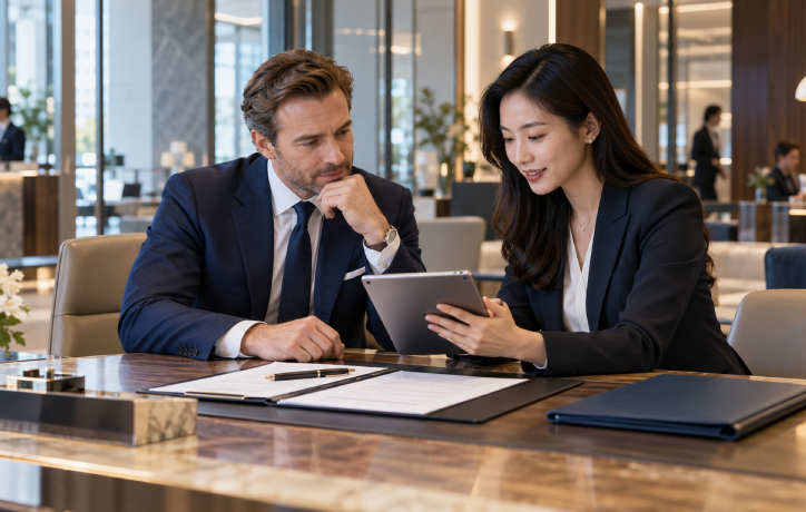 Two business professionals reviewing financial documents on a tablet in a modern office setting