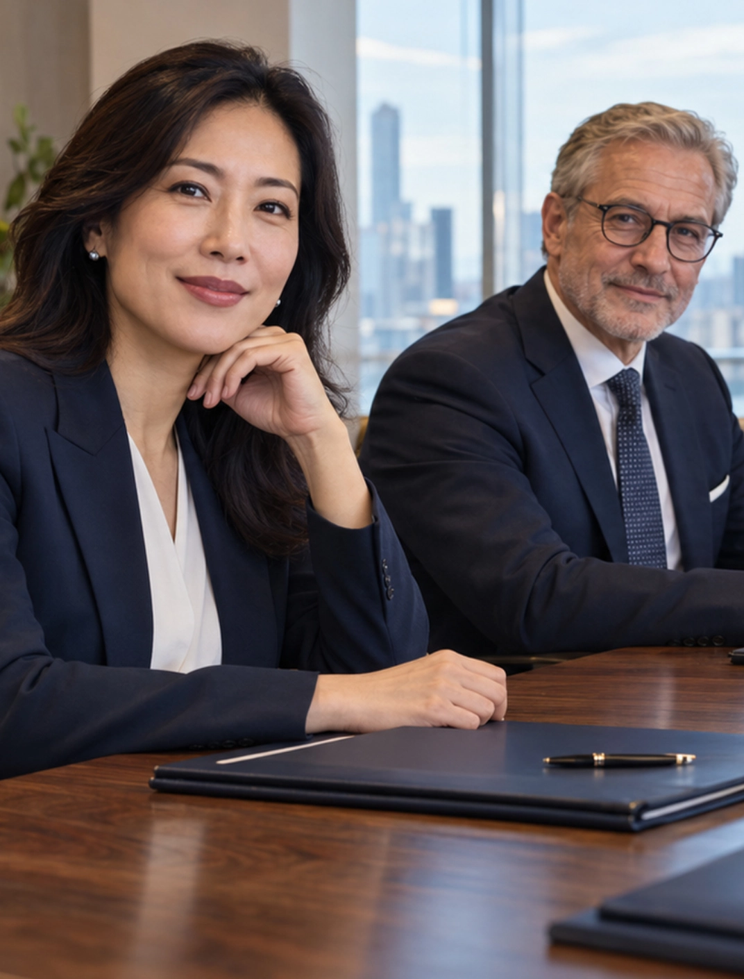 Two business professionals in formal attire seated at a conference table with city skyline view behind them