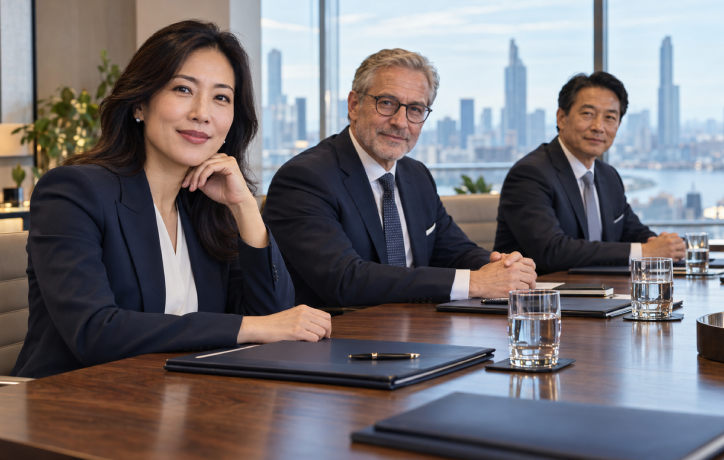 Three business professionals seated at a conference table with a city skyline view behind them