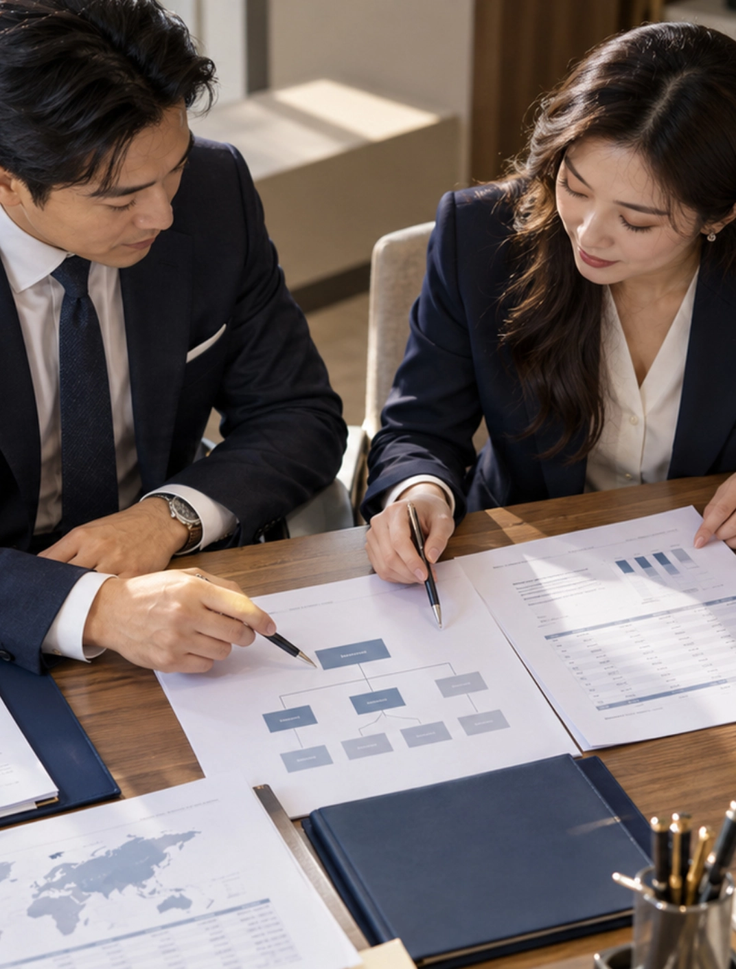 Two business professionals reviewing financial documents and organizational charts at a wooden desk during a compliance meeting