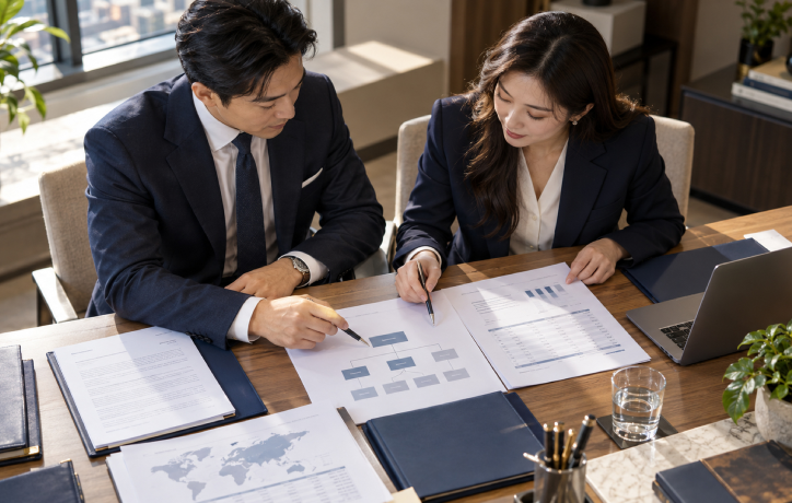 Two business professionals reviewing financial documents and charts at a desk in a modern office environment
