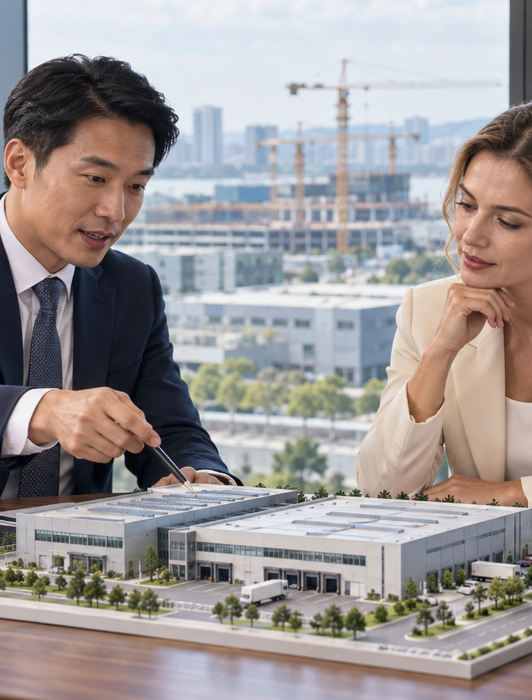 Two business professionals reviewing an architectural model of an industrial facility with a cityscape visible through floor-to-ceiling windows behind them