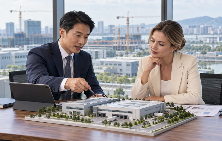 Two business professionals reviewing an architectural model of an industrial facility in a high-rise office overlooking a cityscape