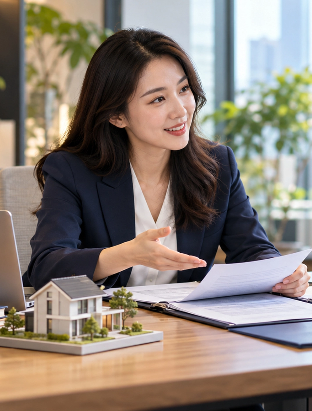 Professional woman in business attire reviewing housing fund registration documents at modern office desk