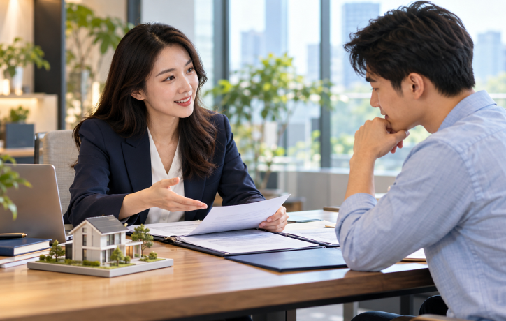 Professional woman in navy blazer discussing registration documents with man in business office with city skyline view