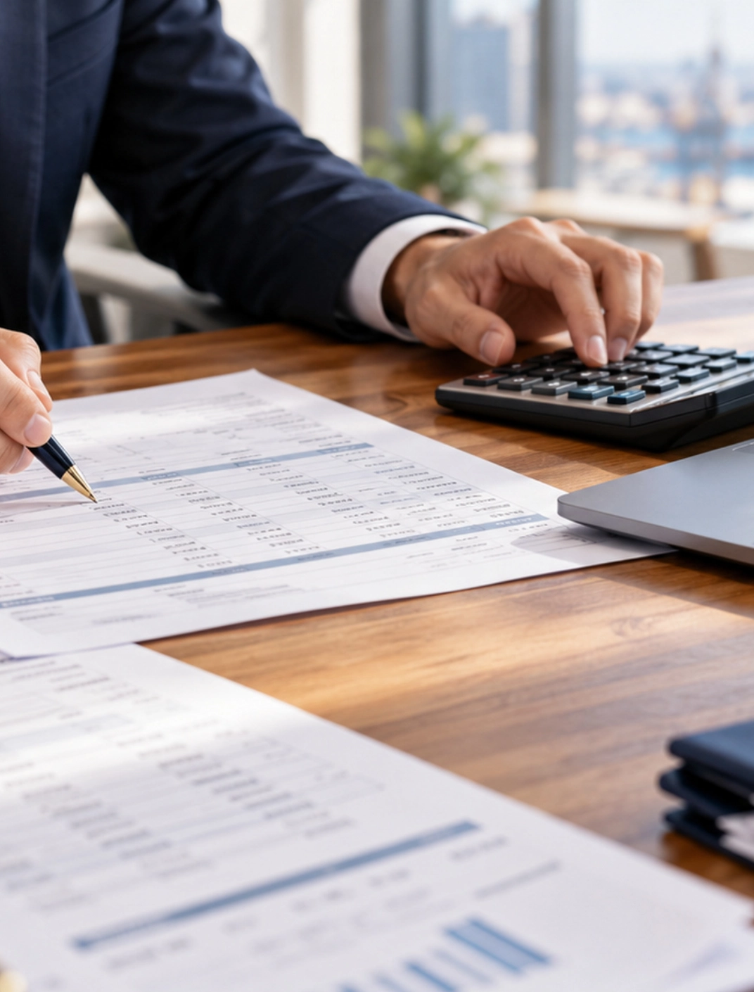 Accountant reviewing VAT refund documents with calculator at desk in modern office overlooking city skyline