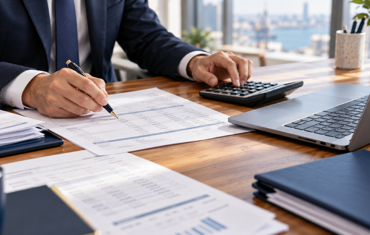 Business professional reviewing VAT refund documents at desk with calculator and laptop, city skyline visible through office window