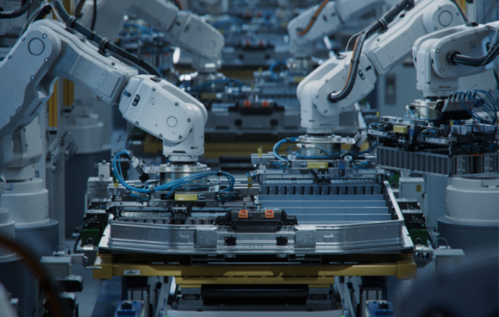 Robotic arms assembling automotive components on a manufacturing production line