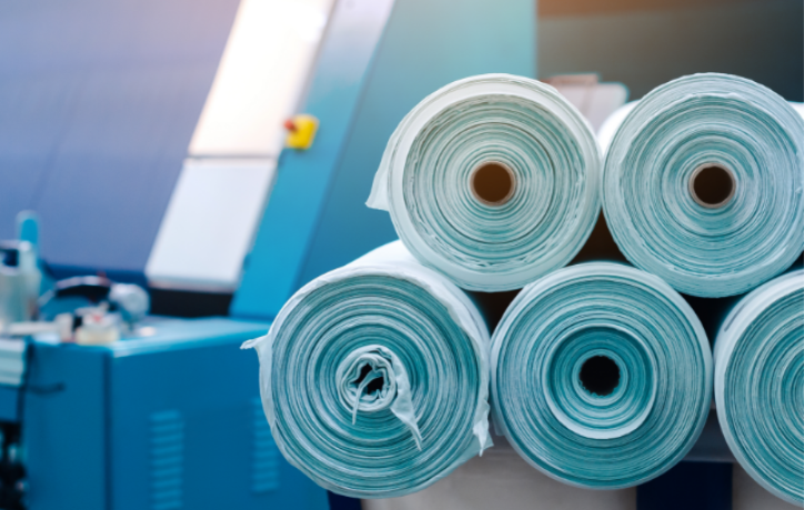 Rolled textile fabric spools stacked in industrial setting with blue machinery background