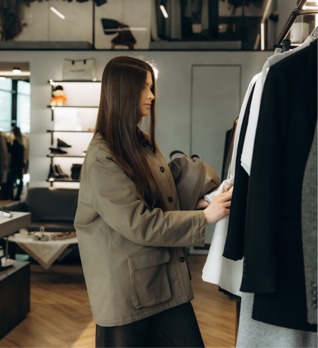 Woman examining clothing on display rack in modern retail boutique store