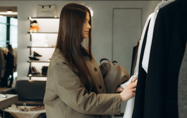 Woman examining black garment in modern retail store with illuminated display shelves