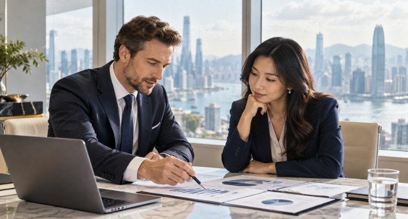 Two business professionals reviewing financial documents at a high-rise office desk with city skyline view