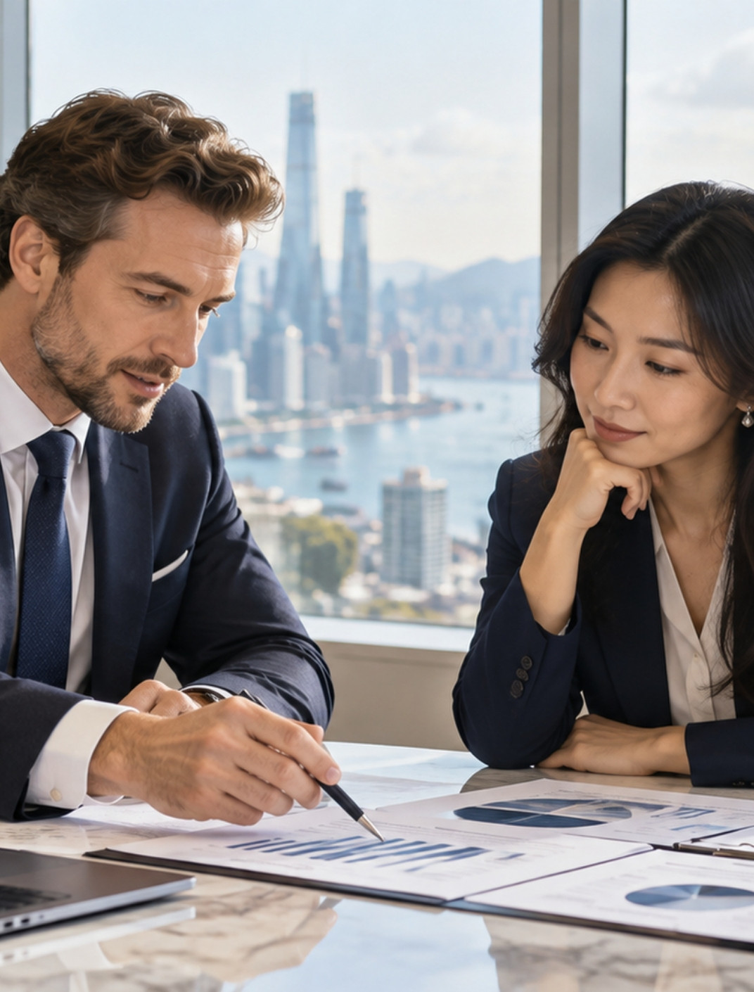 Two business professionals reviewing financial charts in a high-rise office overlooking a city skyline