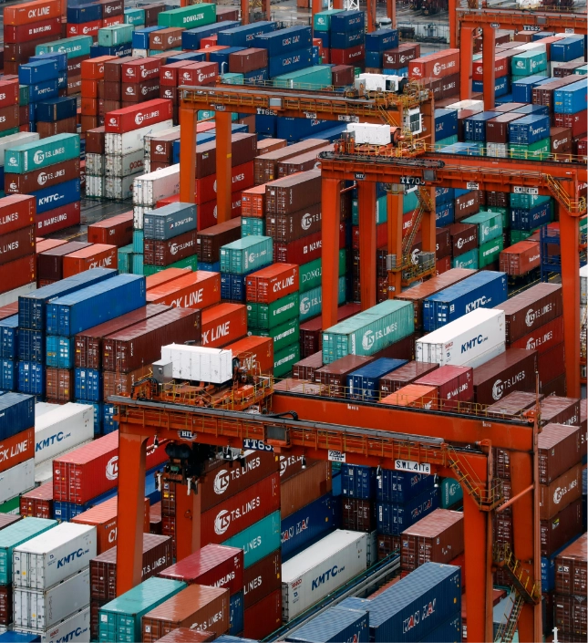 Stacked shipping containers with orange cranes at a busy international port terminal